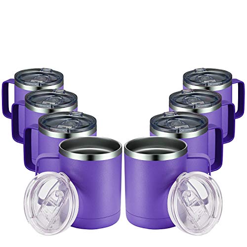 Image of MEWAY 12oz Coffee Mug With Handle 8 Pack Bulk,Stainless Steel Insulated Travel Tumblers With Sliding Lid,Double Wall Vacuum Camping Cup for Hot & Cold Drinks Tea (Purple,Set of 8)