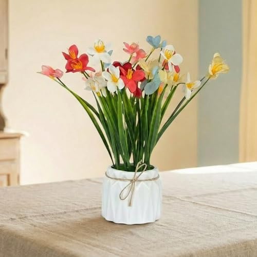 Image of Dekorly Artificial Lavender Plant in White Pot, 18cm - Realistic Faux Flower Arrangement for Home & Office Decor (Set of 1) (1, Grass Lily)