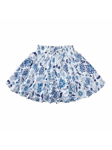 Image of Girls Holiday Skirt Floral Boho Summer Elastic Waist Flared A-Line Skirts with Shorts Underneath Blue 9-10 Years