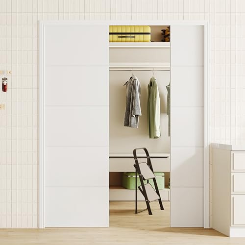 Image of 64 inch x 80 inch Pocket Door with Frame & Track Kit, 5-Panel Textured Sliding Interior Pocket Door, Soft Close Hardware, Lightweight Waterproof PVC Pocket Doors