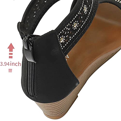 Wojwski Women's Slide Wedge Sandal Open Toe High Heel Zipper Back Platform(Black1-M8) #TOP3