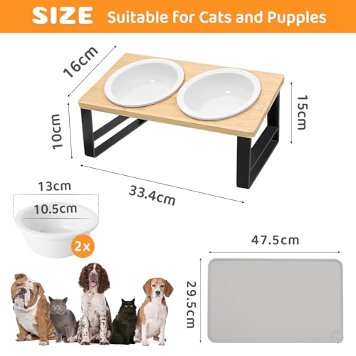 Keramischer Futternapf mit 15° Gekippter Katzenstation, Metallhalter und Silikonunterlage, 350ML Fressnapf und Wassernapf für Katzen und Hunde