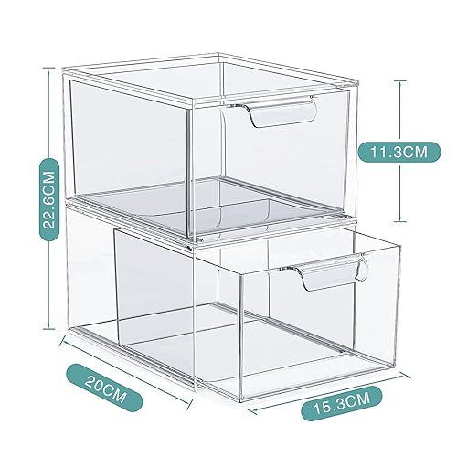 Hniuyun 2 Pack Stackable Makeup Organizer Drawers, Clear Acrylic Storage Box with Handles for Bathroom Vanity Countertop Kitchen Cabinet Undersink, and Pantry Organization - Image 2