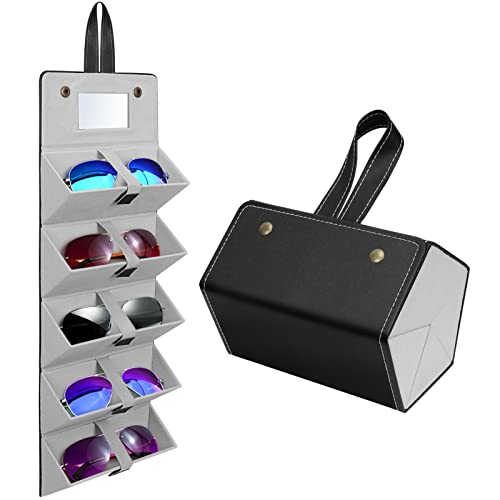 Unaone Sonnenbrillen Etui/5 FäChern,Faltbares Brillenorganizer mit Spiegel/Band,Hängen Reisebrillen Aufbewahrung,Multifunktionale Brillenetui,Tragbarer Brillenbox für Reise Mehrere Brillen Lesebrillen Cover