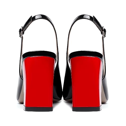 MODENCOCO Womens Buckle Party Square Toe Comfortable Fashion Slingback Patent Block High Heel Pumps Shoes 3.3 Inch4