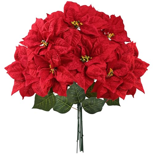 Sggvecsy Artificial Christmas Poinsettia Flowers 9.8’’ Large Heads 6 Pcs Red Velvet Fake Plants with Greenery Leaves Faux Silk Christmas Poinsettia Bouquets for Home Vase Indoor Outdoor Xmas Decor