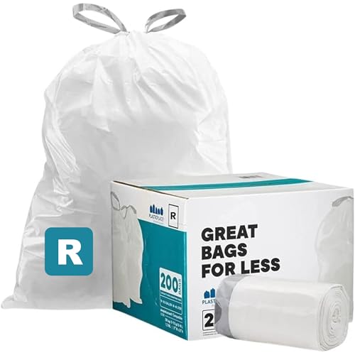 Plasticplace Custom Fit Trash Bags, Compatible with simplehuman Code R (200 Count) White Drawstring Garbage Liners 2.6 Gallon/ 10 Liter 16.5" x 18"