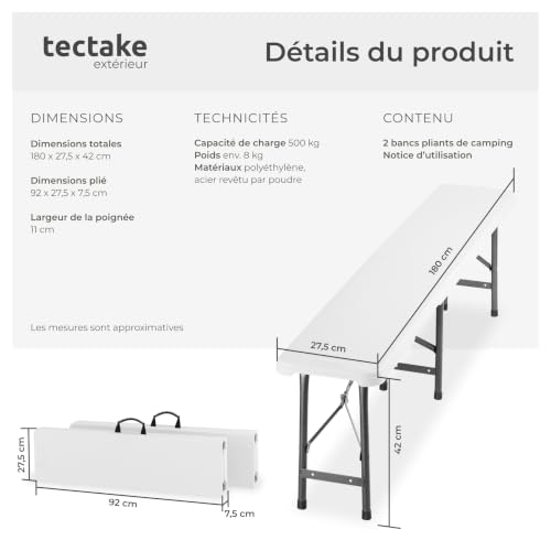 tectake® Lot 2 Bancs pliants de Camping 180cm, Charge Max. 500kg, Résistants aux intempéries, Rangement compact pratique et poignées de transport, Banc pliable Pique-Nique, Mobilier de Camping - Blanc – vue 6