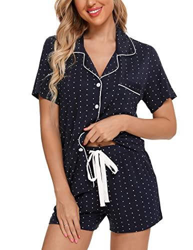 Image of Pjmlifecoco Women's Modal Pajama Set Short Sleeve Button Down Two Piece Soft Sleepwear with Shorts Loungewear S-XXL