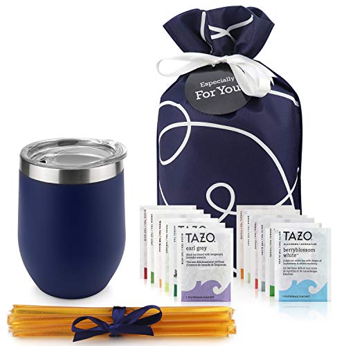 Tea Gift Set for Tea Lovers - Includes Double Insulated Tea Cup 12 Uniquely Blended Tazo Teas and All Natural Honey Straws | Tea Gift Sets for Women Men | Tea Gifts Bag Presented in Beautiful Gift Bag