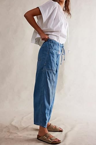 yoeasy Womens Low Rise Barrel Jeans Elastic Drawstring Loose Wide Leg Cropped Denim Pants Y2k Baggy Boyfriend Jeans3