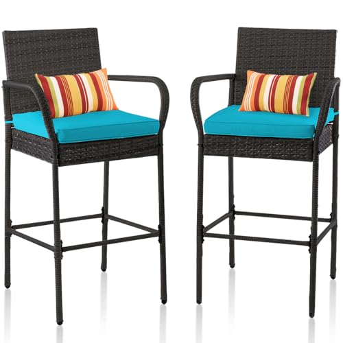 Image of Sundale Outdoor Wicker Bar Stool Set of 2, Patio Counter Height Pub Chair with Arms, High Top Rattan Barstool, Cushion Beige, All-Weather Outdoor Rattan Furniture (Gray&Blue, Small Seat - 2 Stools)