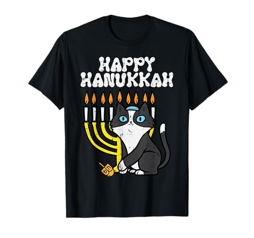 Felice Hanukkah Ebreo Gatto Divertente Chanukah Uomini Donne Bambini Maglietta