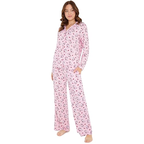 Hello Kitty Sanrio Pajama Set Teens, Women, 2-Pc Long Sleeve Top, Pants, Soft Kuromi Loungewear Kawaii PJs, Gifts for Women (Pink Hello Kitty, S)