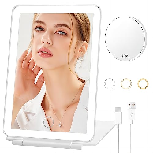 ATDOOM Travel Makeup Mirror with 10X Magnifying Mirror, Vanity Mirror with 80 Led Lights, 3 Colors Light Modes, Rechargeable 2000mAh Batteries, Dimmable Touch Screen, Travel Accessories for Women