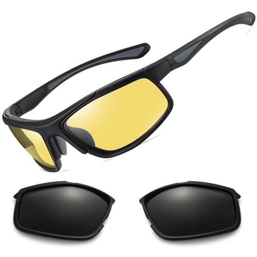 Polarized Night Driving Glasses Unisex NIght Cycling Glasses with Replacement Sunglasses Lens for Daytime