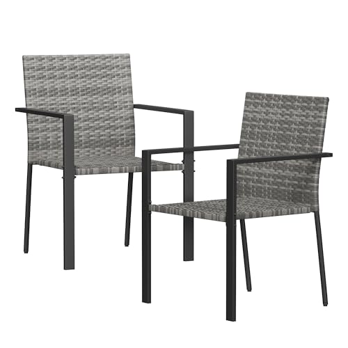 Image of Amopatio Stackable Outdoor Patio Chairs, Patio Dining Chairs Set of 2, All-Weather Breathable Rattan Outdoor Dining Chair, Steel Frame, Armchair, for Garden, Porch, Deck, Poolside, Restaurant, Gray