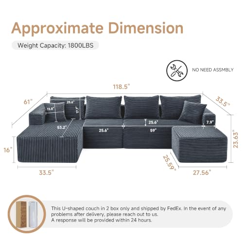 Image of 118 inch U-Shaped Modular Sectional Sofa, Corduroy Cloud Couch with Chaise & Ottoman, Oversized Deep Seat Boneless Couches for Living Room, No Need Assembly - Grey (Left Facing Chaise)