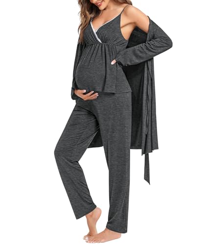 Image of SWOMOG Maternity Nursing Robe Set 3 Piece Breastfeeding Pajamas 3 in 1 Labor Delivery Sleevless Tops&Long Pants Pregnancy Pjs
