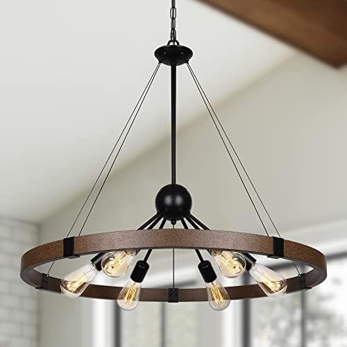 CNRATYE 6-Light Farmhouse Round Chandeliers for Dining Room Diam 31.5'', Rustic Metal Wagon Wheel Light Fixture for Entryway, Vintage Kitchen Island Hanging Pendant Light, Vintage Iron Rust Finishe
