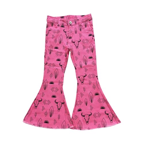 Todder Western Western Geometry hot Pink Cow Kids Jeans Girl Jeans Bell Bottom Pants