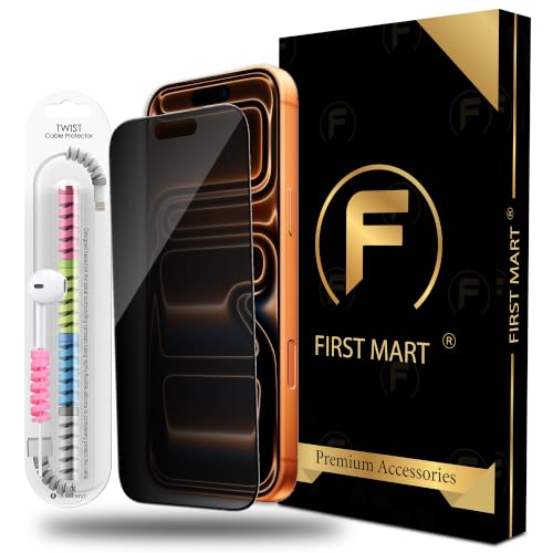 Image of FIRST MART Privacy Tempered Glass for iPhone 17 Pro With Cable Guard & Installation Kit | Anti-Spy 9H Screen Protector, Edge-to-Edge, Case-Friendly | Black