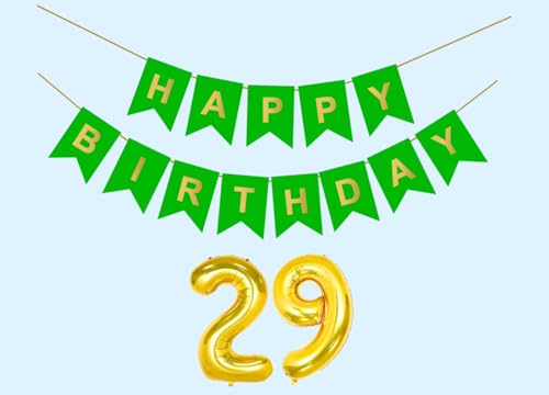 Image of 29th Happy Birthday Decoration Kit Green for 29 year Old Boys Girls Men Women with Number Twenty-nineParty Decorations Decor Celebration Items Item Set Combo Reusable Paper Banner