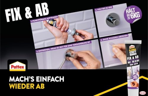 Pattex Kleben statt Bohren Fix & Ab, ablösbarer Montagekleber, stark haftender Wandkleber für Regale und Wandbefestigungen, ohne Beschädigung ablösbar, Kraftkleber hält bis zu 6kg, 44g Tube