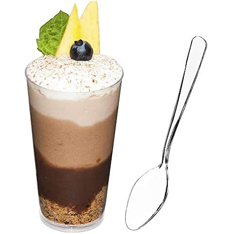 DLux 100 x 3 oz Mini Dessert Cups with Spoons, Shooter - Clear Plastic Parfait Appetizer Cup - Small re-usable Shot Glass for Tasting Party Shooters Desserts Appetizers - with Recipe Ebook Cover