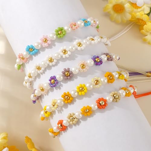 Disney Colorful Disney Flower Pearl Glass Beaded Bracelets for Women,Adjustable Handmade Lucky Rope Boho Floral Summer Beach surfer Cute Friendship Birthday Gifts3