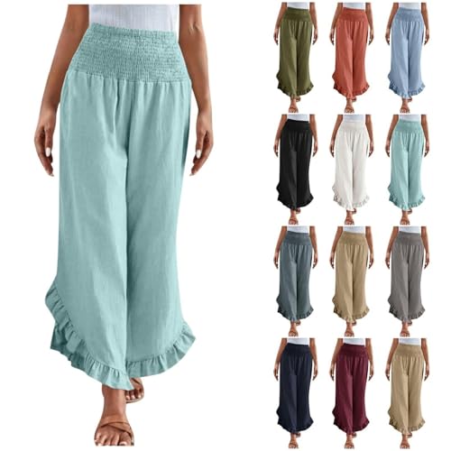 Summer Pants for Women Wide Leg Pants Woman Casual Smocked High Waist Flowy Ruffle Hem Capris Beach Vacation Boho Trousers Light Blue