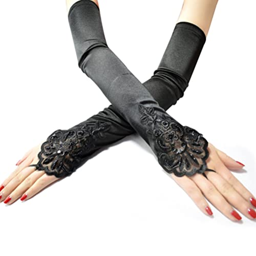 Mangas de Luvas Longas Pretas: Stretchy Finger Floral Bordado Lantejoulas Partido Bridal Luvas Fato