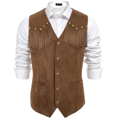 UpFind Mens Western Suede Leather Vest Cowboy V Neck Retro Fringe Vest Artificial Retro 5 Button Waistcoat Hippie Sleeveless Jacket