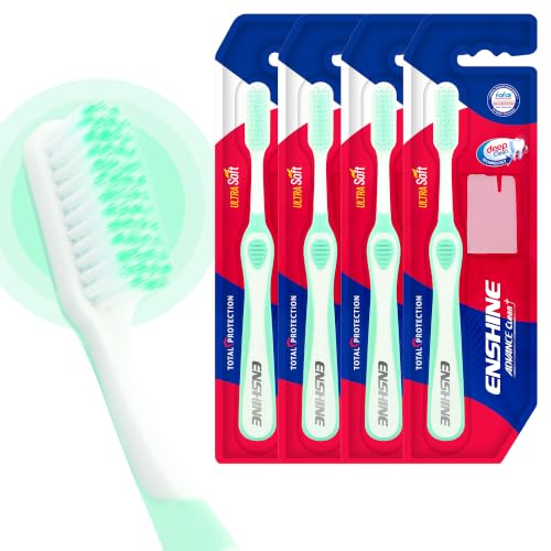 Image of Enshine Advance Clean+ Soft Toothbrush for Adults - Pack of 4 | Ultra Soft Tapered PBT Bristles | Tooth Brush Set with Non-Slip Grip | Manual Toothbrushes for Sensitive Gums & Enamel | Sea Green Color