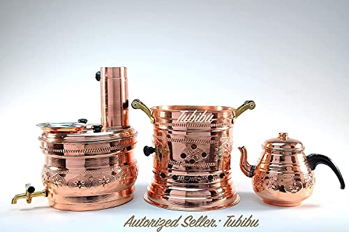 Tubibu Samovar Tea Pot Set - Charcoal Handmade Real Copper Samovar (Copper, Lage)