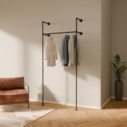 pamo Wall Mounted Pipe Clothing Rack – Industrial Closet System in Black Powder-Coated Steel – 41