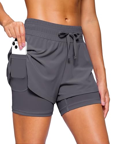 Soothfeel Womens 2 in 1 Running Shorts 5 Athletic Shorts High Waisted Workout Gym Tennis Exercise Shorts with Liner Pocket Dark_Grey M