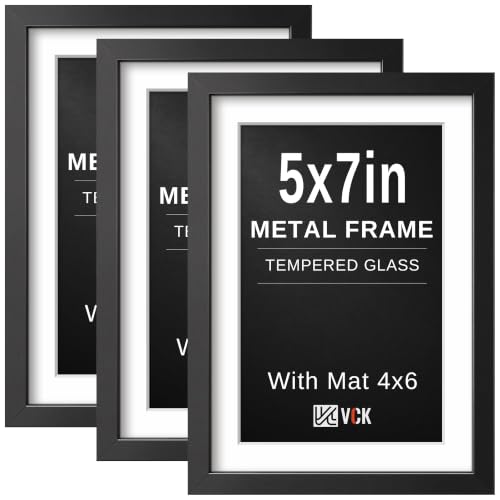 Image of VCK 5x7 Picture Frame Black Metal, Real Glass, 4x6 Mat, 3 Pack, for Print
