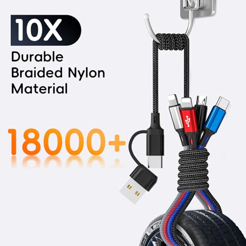 4 in 2 Multi Fast Charging Cable 2Pack 1.8M/6FT 6 in 1 Quick Charge Cord USB A/USB C to Type C+Micro USB+2 IP Connectors Universal Nylon Braided Charger Cable for Multiple Devices