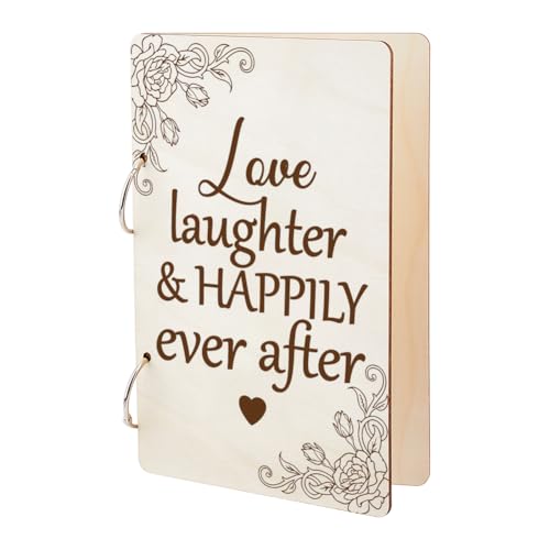 SUPERDANT Classeur à Feuilles Mobiles en Bois Love Laughter Happily Ever After Organisateur de Cartes de Vœux Livre Carte Postale Album Photo 2 anneau Couverture Cadeau Anniversaire