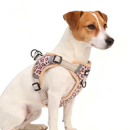 PUPTECK Dog Harness Small Sized Dog, Step in Adjustable Reflective Dog Vest Harness Escape Proof, No Pull Soft Padded Harness Easy Control, Brown Leopard, S