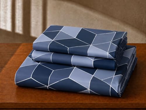 Image of Castiqa Elastic Fitted Supersoft Premium Polycotton 200TC King Size Bedsheets with 2 Pillow Covers (Fits Upto Mattress of 8Inches) (Blue Cubes, Full 72x78x8Inch)
