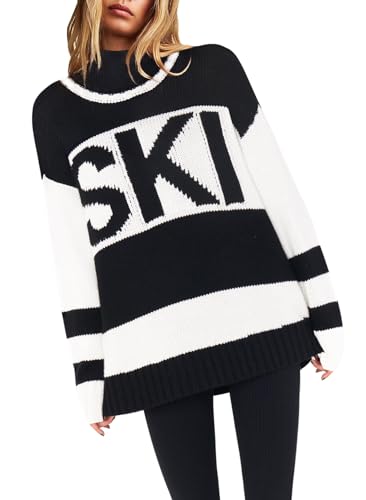 Yousify Womens Sweaters Fall 2024 Oversized Color Block Ski Sweater Crewneck Winter Tops S-2XL