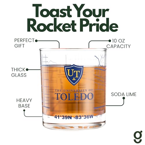 Image of Greenline Goods University of Toledo Rockets Whiskey Glasses Set of 2, 10 oz Rocks Glasses with Full-Color Logo & Campus Map - Officially Licensed Bourbon Glass Gift for Alumni & Fans
