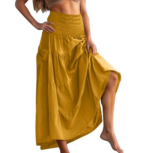 Womens Flowy Pleated Skirts High Elastic Waist A Line Boho Casual Midi Long Skirt Summer Casual Beach Cute Skirt Yellow