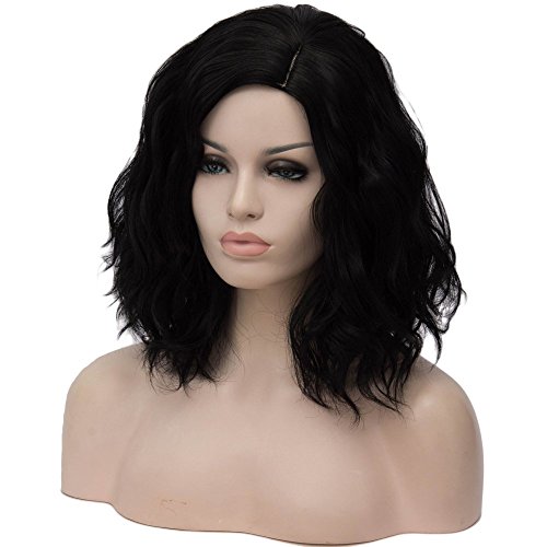 Cying Lin Short Bob Wavy Curly Wig Black Wig For Women Cosplay Halloween Wigs Heat Resistant Bob Party Wig Include Wig Cap (Dark Black) - Thumbnail 3