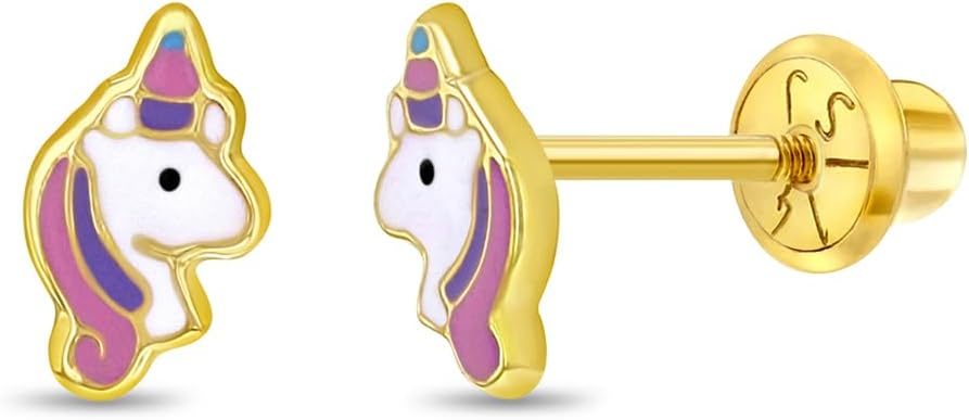 14k Yellow Gold Pastel Enamel Unicorn Screw Back Earrings for Toddler - Pretty Multicolored Jewelry For Little Girls Dress Up Games - Magical Unicorn Screw Back Earrings for Children