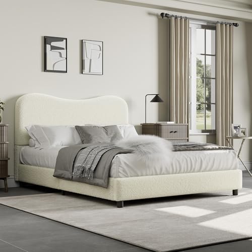 GarveeHome Full Bed Frame for Kids with Velvet Upholstered Headboard, Cute Low Profile Platform Bed for Girls and Boys, No Box Spring Needed, Strong Wooden Slats, Noise Free, Easy Assembly, Beige