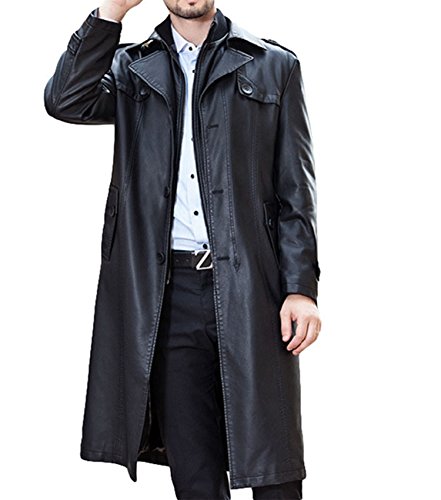 Veste de moto longue similicuir homme blouson motard d'hiver noir