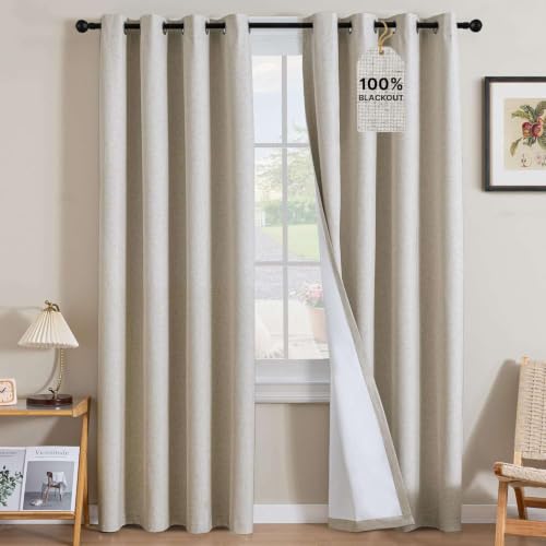 Image of H.VERSAILTEX Linen Curtains 100% Blackout Curtains for Bedroom 102 inch Long Full Light Blocking Nature Linen Blended Window Curtains for Living Room Nickel Grommet (2 Panels, Heathered Linen)